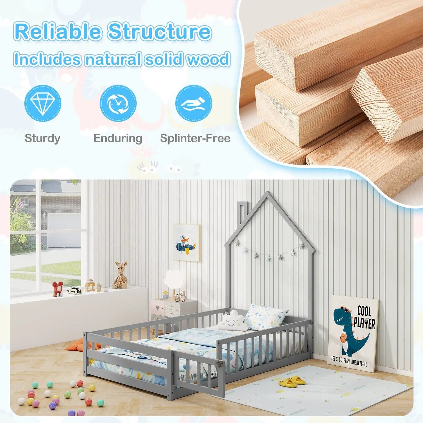Twin Size Montessori Floor Bed gray with lockable door by DirectDeals, toddler bed on Tampa Home & Garden Store