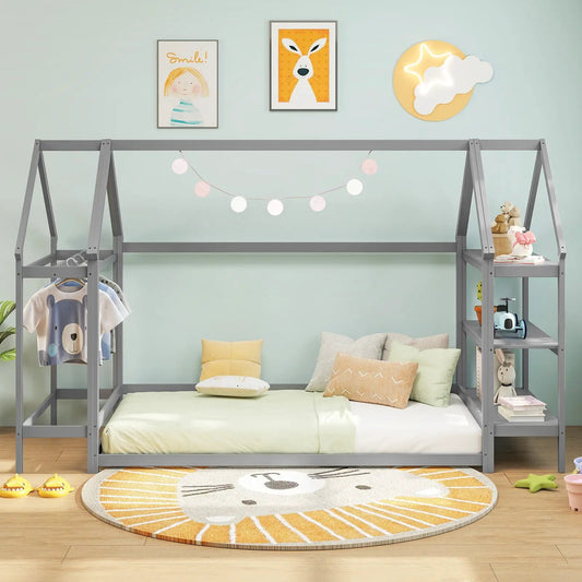DirectDeals Montessori Twin Floor Bed with detachable shelves, gray metal frame on Tampa Home & Garden Store
