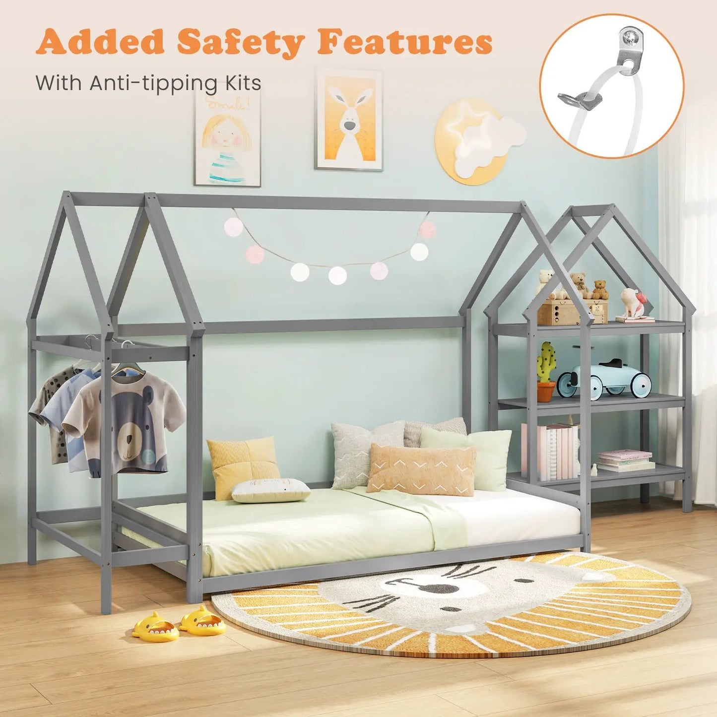 Montessori Twin Floor Bed with Detachable Shelves gray metal frame DirectDeals 2-piece set on Tampa Home & Garden Store