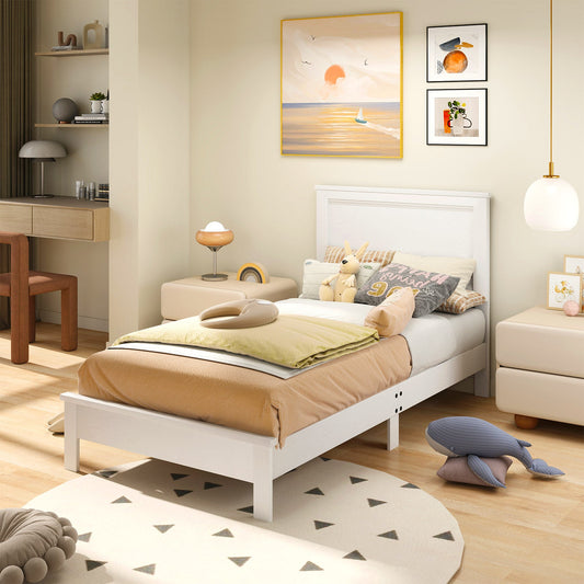 Twin Size Wooden Bed Frame with Headboard and Slat Support-White - Tampa Home & Garden Store