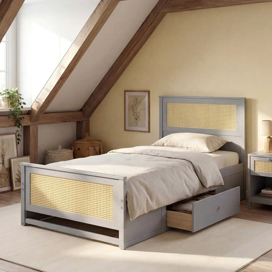 Twin size rattan bed frame with storage drawers, gray frame and cane panel by DirectDeals on Tampa Home & Garden Store