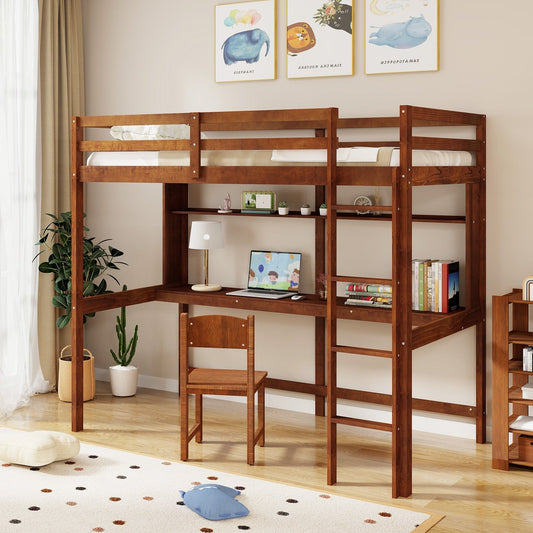 Twin Size Solid Wood Slatted Loft Bed Frame with Safety Guardrail for Kid-Brown - Tampa Home & Garden Store