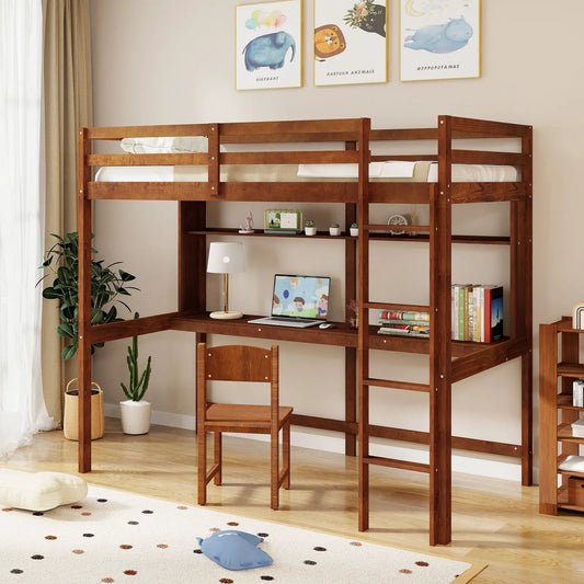 Twin solid wood loft bed frame with guardrails and desk brown finish on Tampa Home & Garden Store