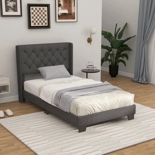 Upholstered platform bed in gray with button tufted headboard and low frame by DirectDeals on Tampa Home & Garden Store