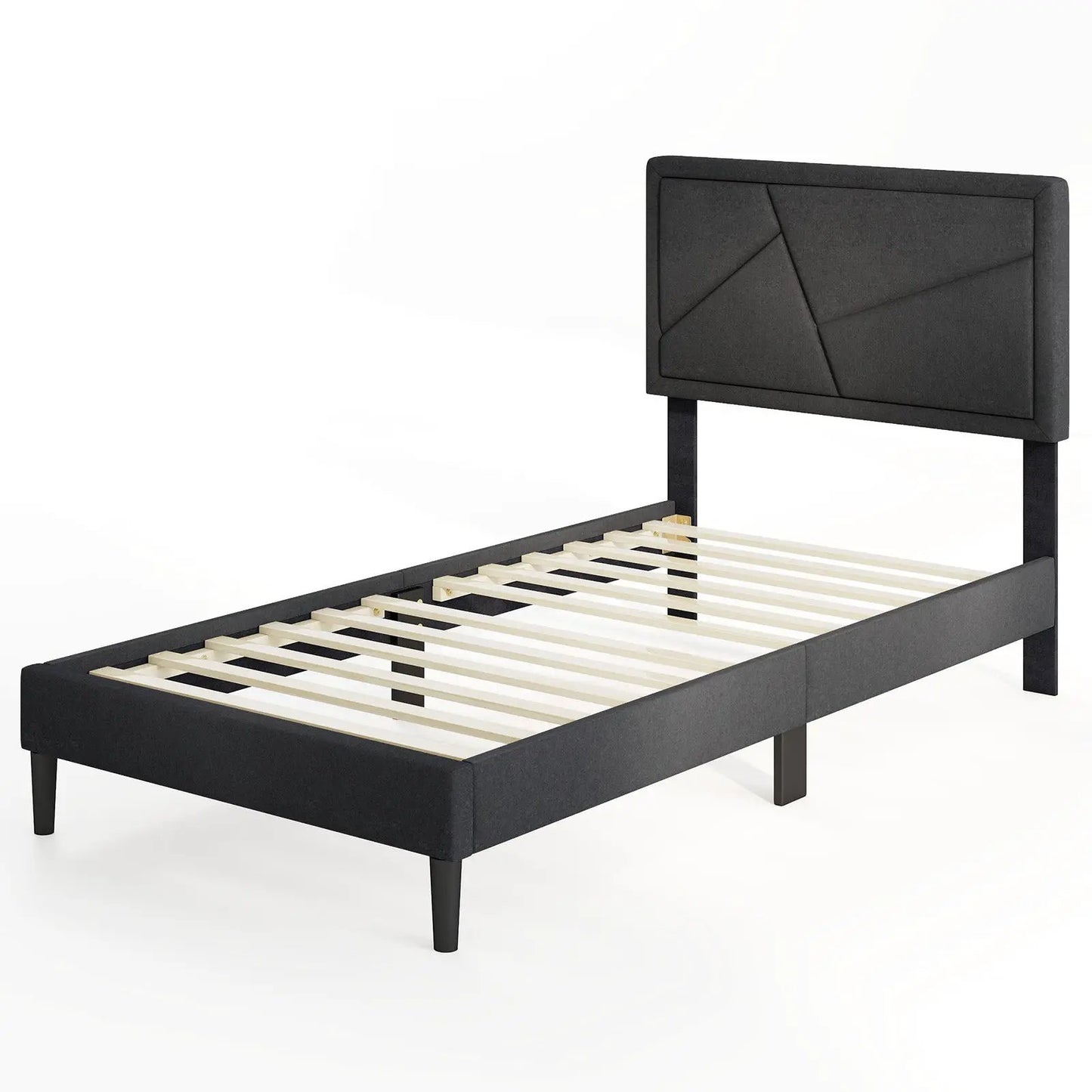 Upholstered platform bed frame with dark gray geometric-panel headboard and slatted base on Tampa Home & Garden Store