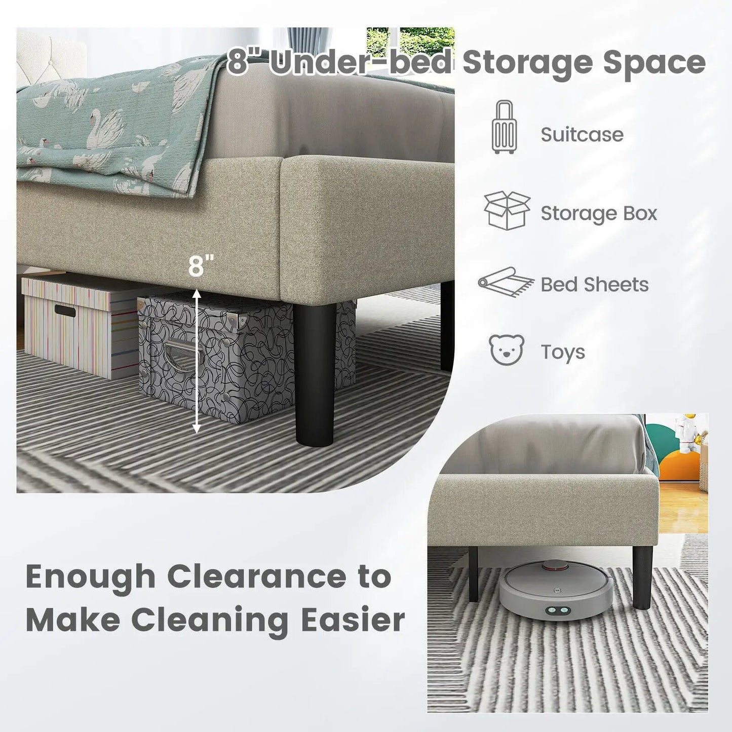 Twin Size Upholstered Platform Bed with Button Tufted Headboard-Beige - Tampa Home & Garden Store
