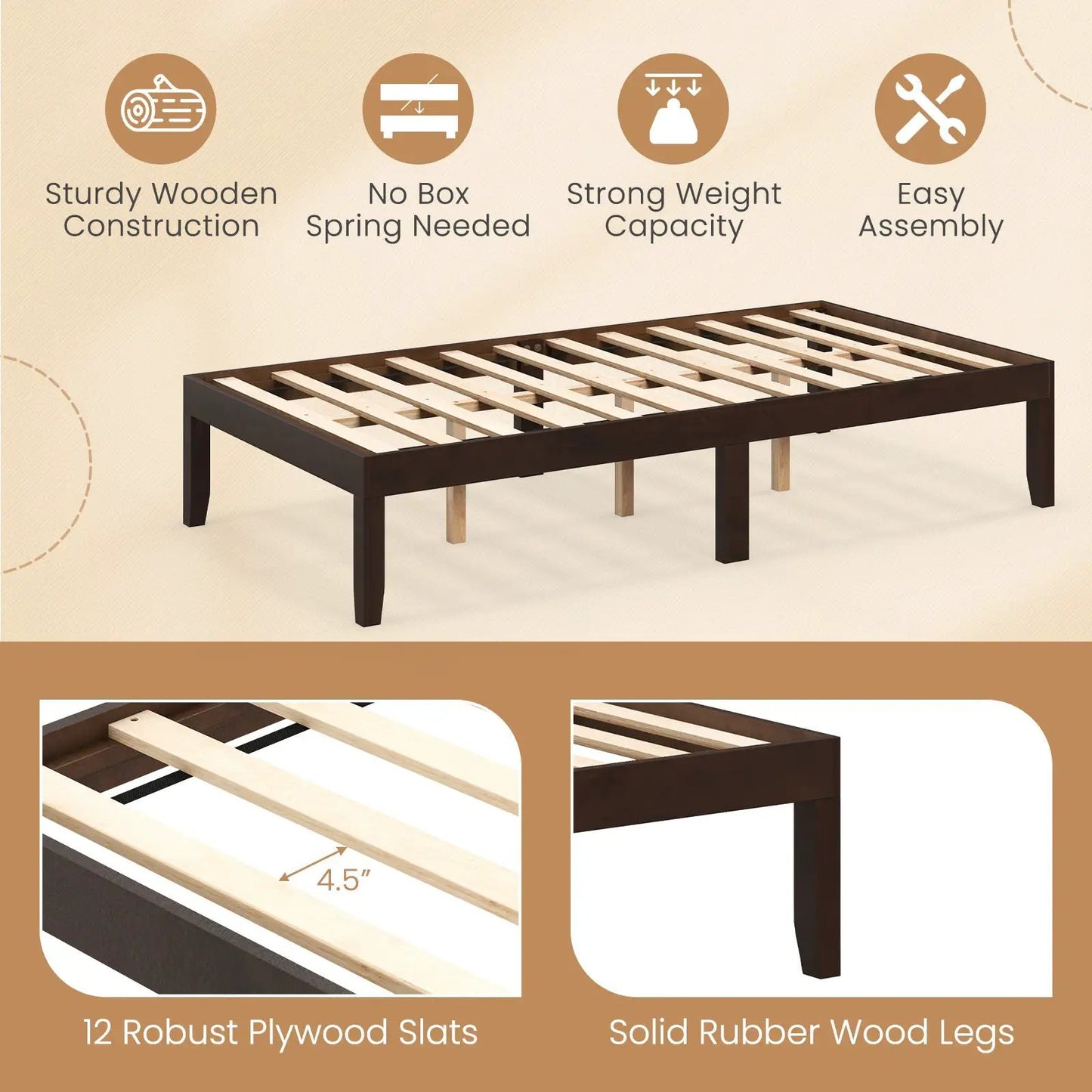 14 Inch Twin Wood Platform Bed Frame with Slats by DirectDeals dark brown finish on Tampa Home & Garden Store