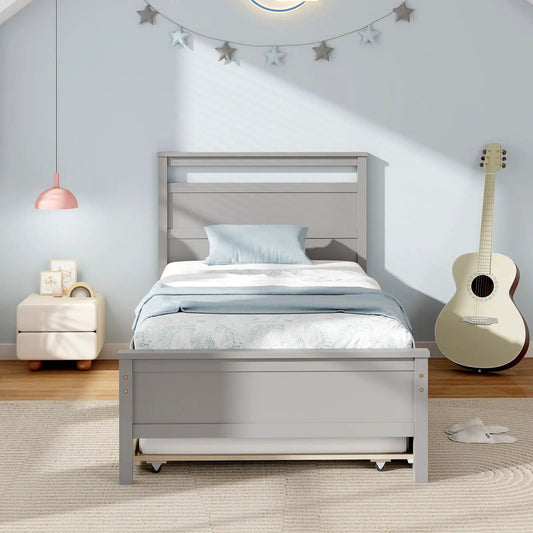 Twin size wooden bed frame with gray finish and under-bed trundle on Tampa Home & Garden Store