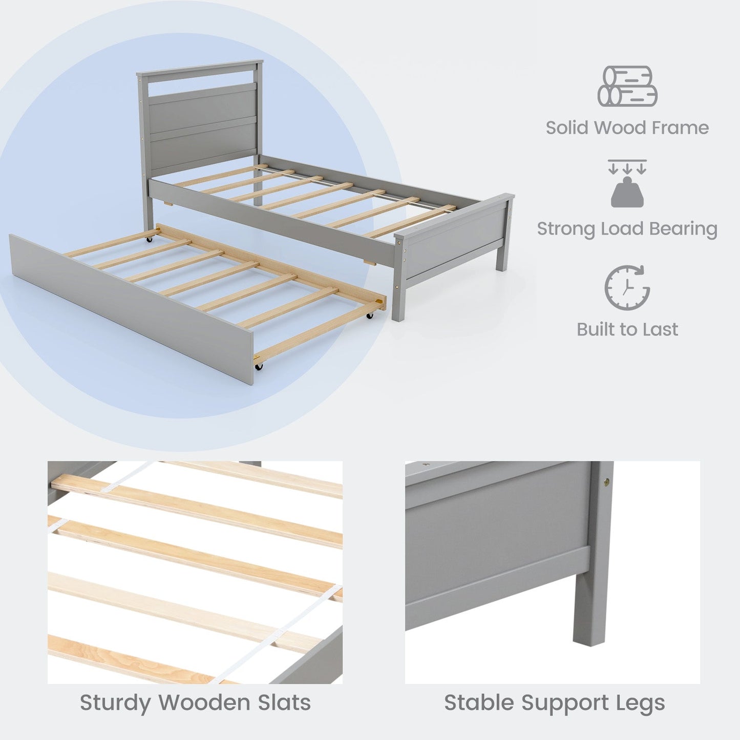 Estructura de cama individual de madera con nido para adolescentes y adultos - Gris