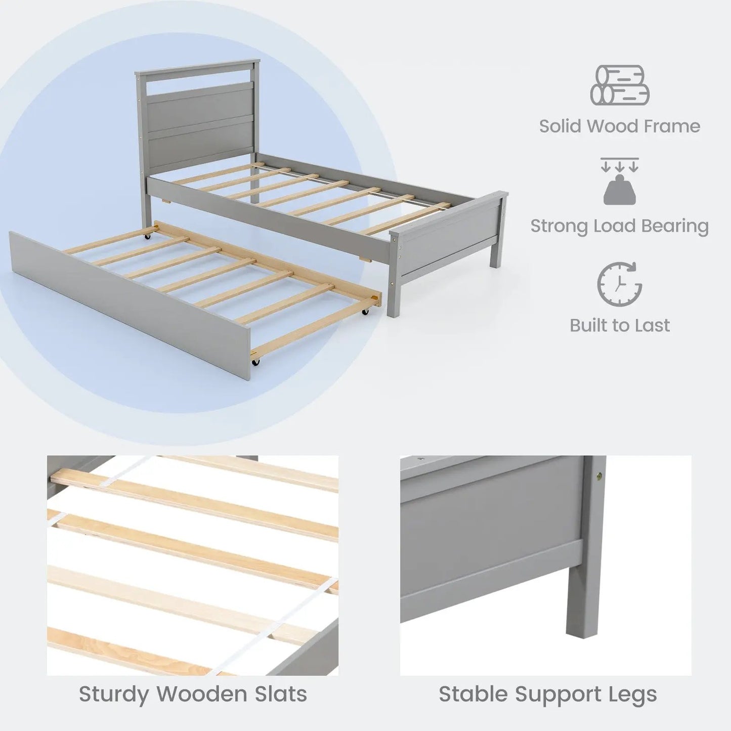 Twin Size Wooden Bed Frame with Trundle for Teens and Adults-Gray - Tampa Home & Garden Store