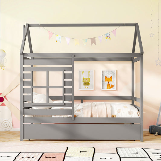 Twin Size Wooden Platform House Bed with Trundle and Roof-Grey - Tampa Home & Garden Store
