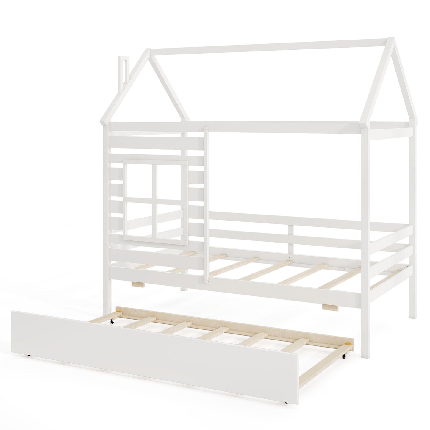 Twin Size Wooden Platform House Bed with Trundle and Roof-Grey - Tampa Home & Garden Store
