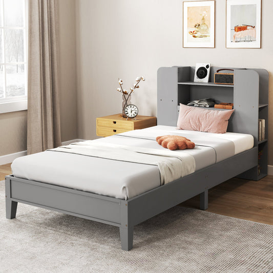 Twin Size Wooden Platform Bed Frame with Bookcase Headboard-Gray - Tampa Home & Garden Store