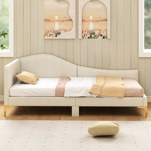 Twin Size Upholstered Daybed with Metal Legs in cream-beige upholstery with curved back on Tampa Home & Garden Store