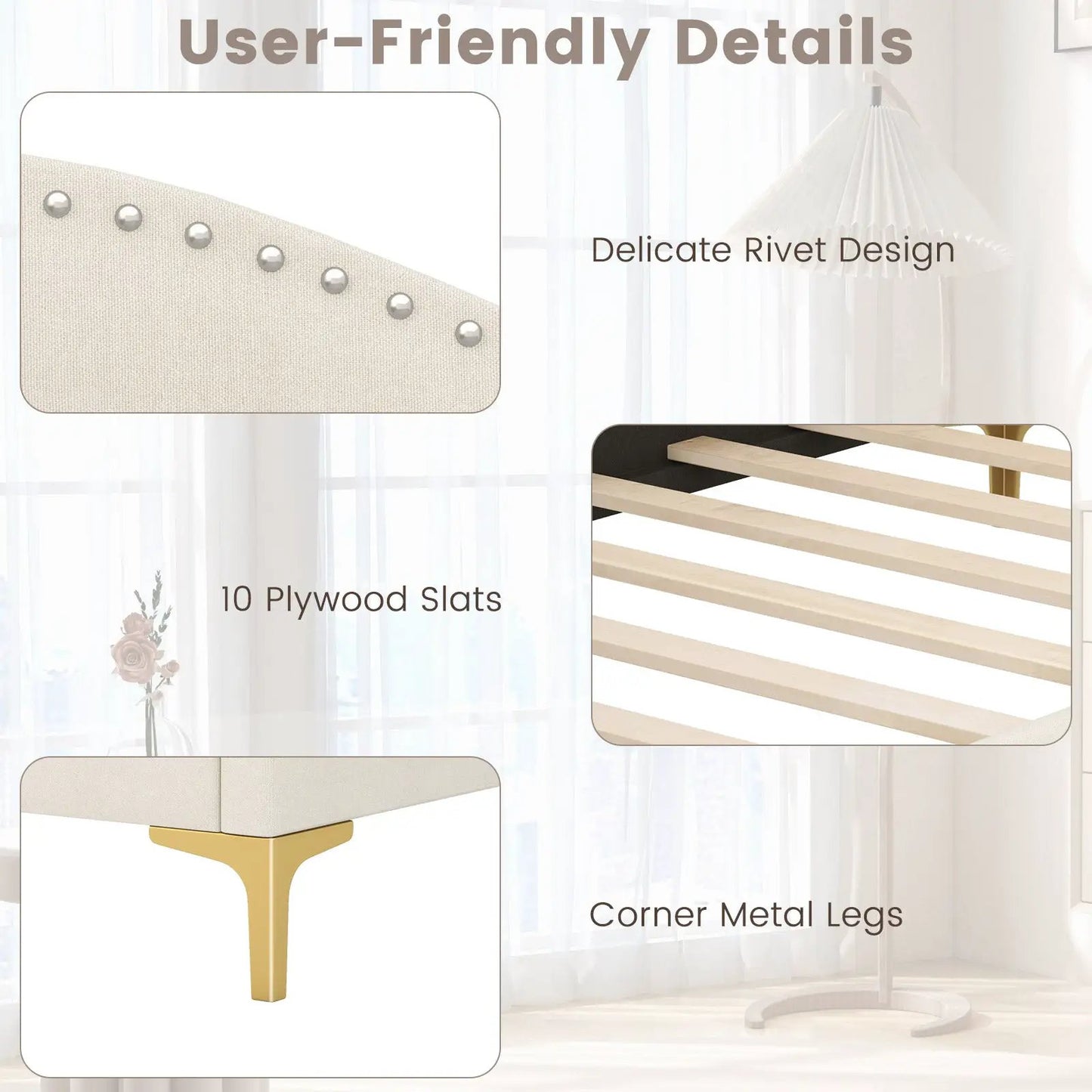 Twin size upholstered daybed with metal legs in beige fabric and gold-tone base DirectDeals on Tampa Home & Garden Store