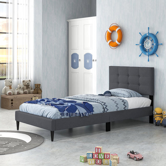 Twin Size Upholstered Platform Bed with Button Tufted Headboard-Gray - Tampa Home & Garden Store