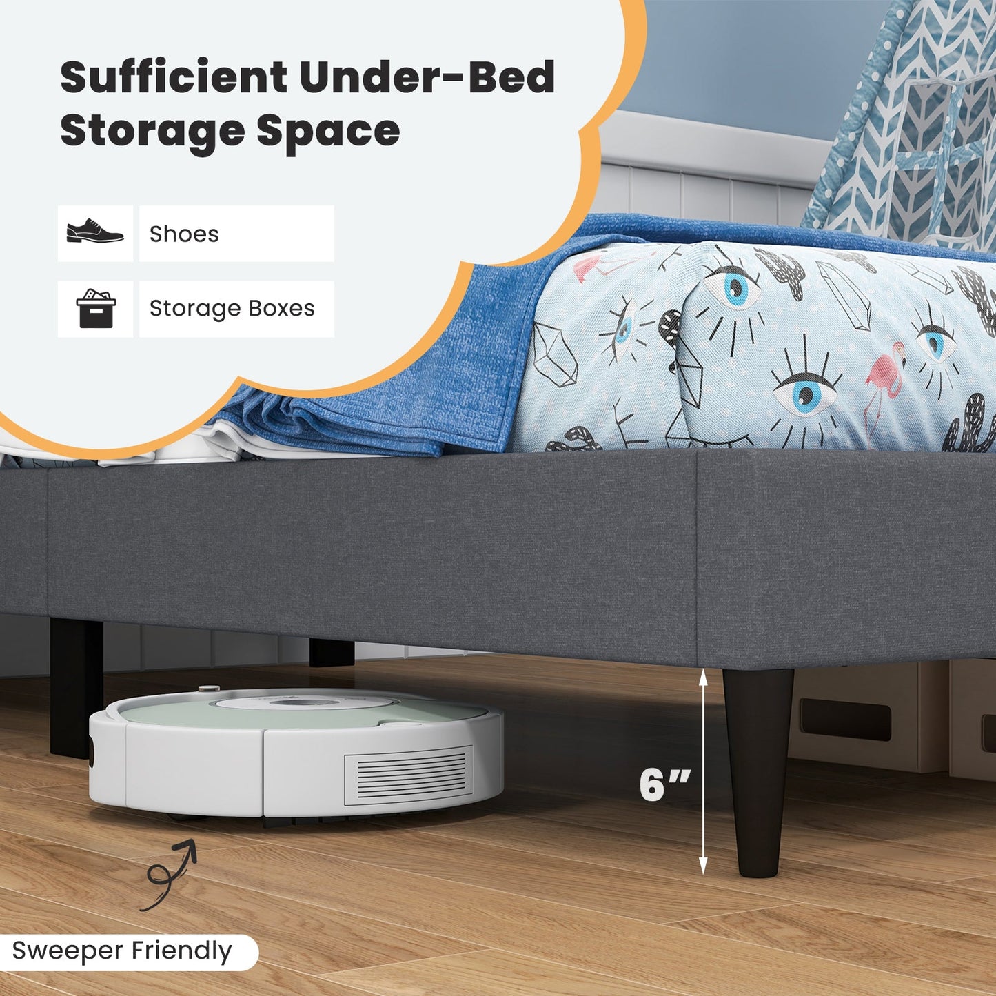Cama plataforma tapizada tamaño Twin con cabecero capitoné - Gris