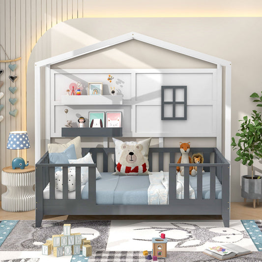 Twin Wood House Bed Montessori Floor Bed with 2 Shelves and Guardrails-Gray & White - Tampa Home & Garden Store