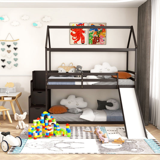 Twin over Twin Bunk Bed with Slide and 2-Step Storage Staircase - Tampa Home & Garden Store