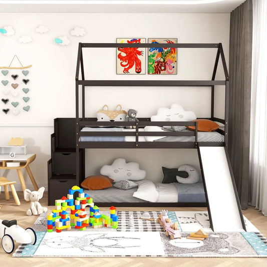Twin over twin bunk bed with slide and staircase in dark espresso finish by DirectDeals on Tampa Home & Garden Store