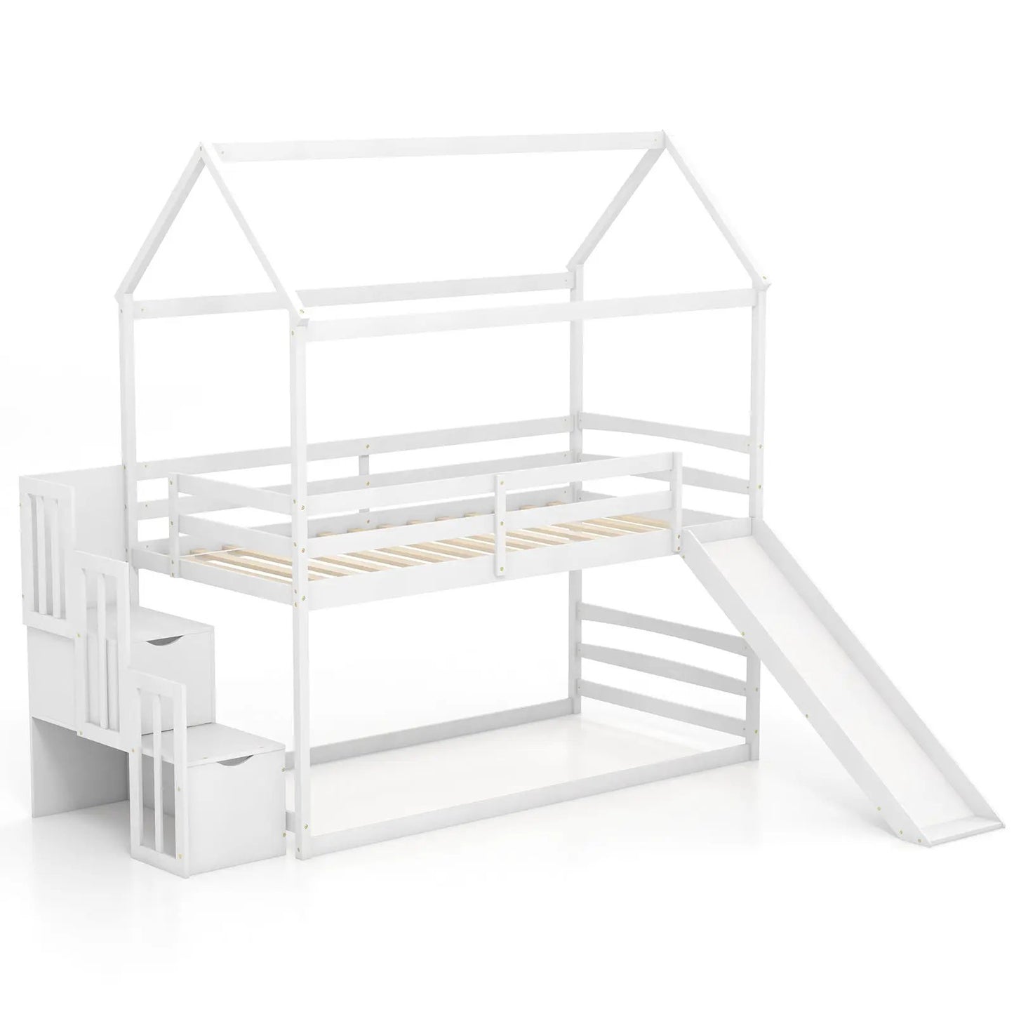 Twin Over Twin Bunk Bed With Slide and 2-Step Storage Staircase in white on Tampa Home & Garden Store