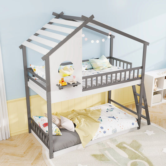 Twin over Twin House Bunk Bed with Roof and Guardrails for Kids-White & Gray - Tampa Home & Garden Store