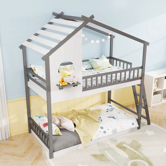 Twin Over Twin House Bunk Bed with Guardrails in gray and white with roof and ladder on Tampa Home & Garden Store