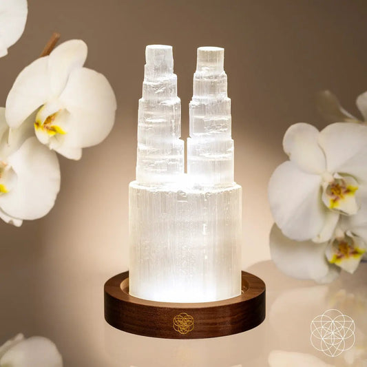 Two-Tower Selenite Lamp night light with white crystal towers on a wood base Conscious Items on Tampa Home & Garden Store