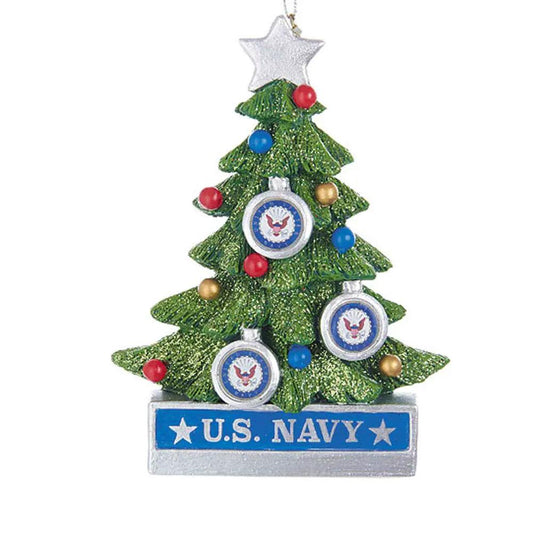 Navy Christmas Tree Ornament with Silver Star glittery green tree and U.S. Navy medallions on Tampa Home & Garden Store