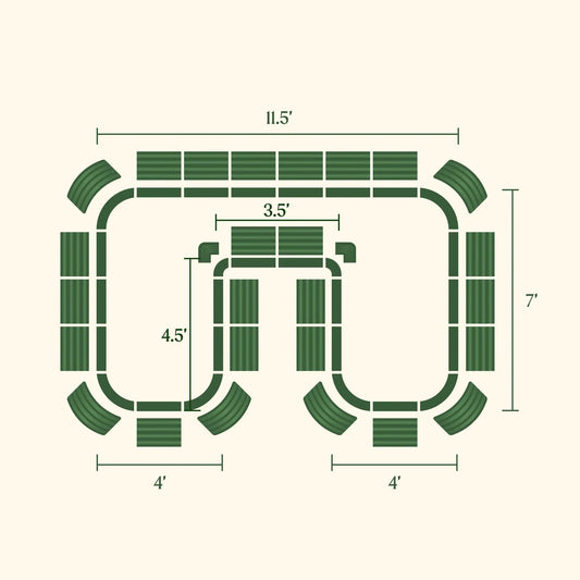U-shape garden bed kit diagram with green modular components and labeled measurements on Tampa Home & Garden Store