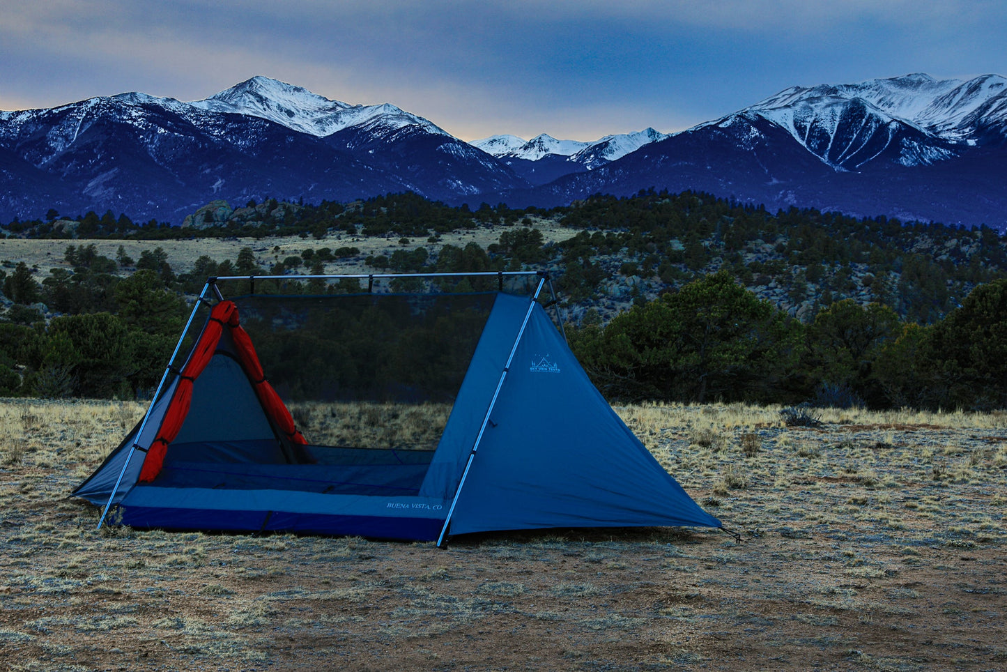 Sky View XL Tent blue camping tent by Sky View Tents in a snowcapped mountain landscape on Tampa Home & Garden Store