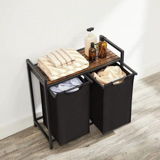 Metal Wood Laundry Sorter Hamper with black metal frame, brown wood top, and twin black fabric bins on Tampa Home & Garden Store