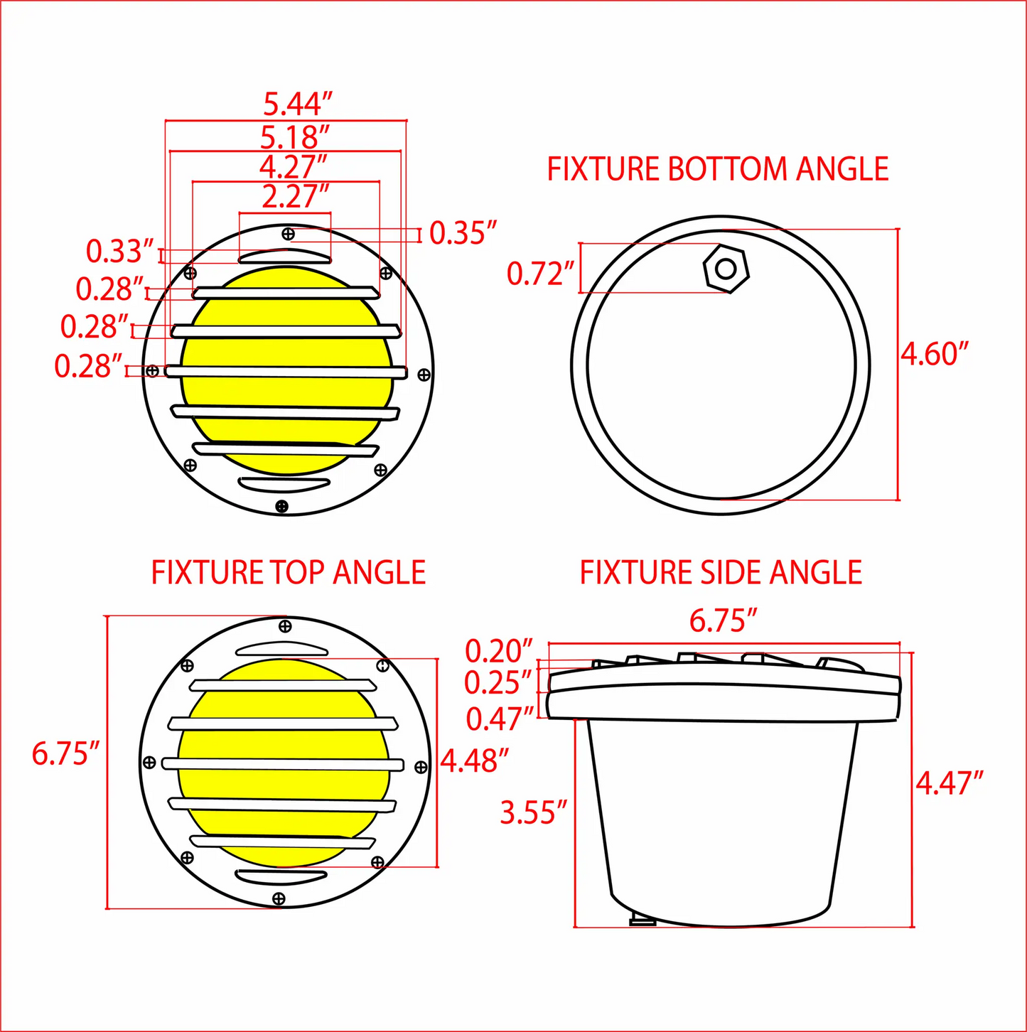 UNB01 Cast Brass Low Voltage In-Ground Well Light front and side dimensioned drawings on Tampa Home & Garden Store
