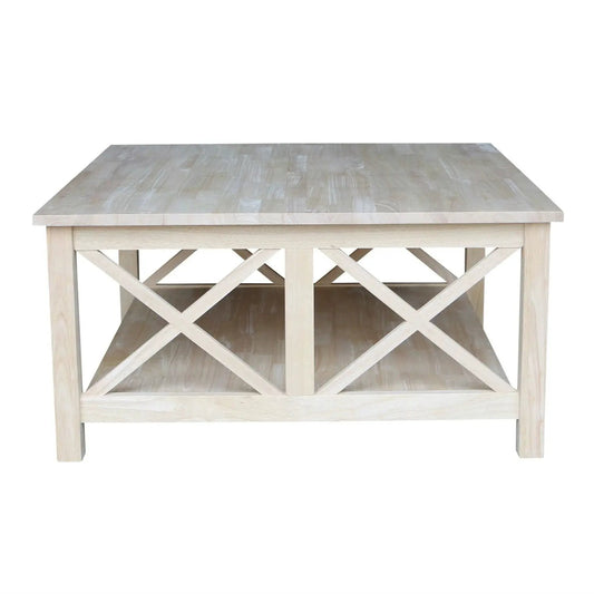 Square unfinished solid wood coffee table with lower shelf and X-frame side panels on Tampa Home & Garden Store
