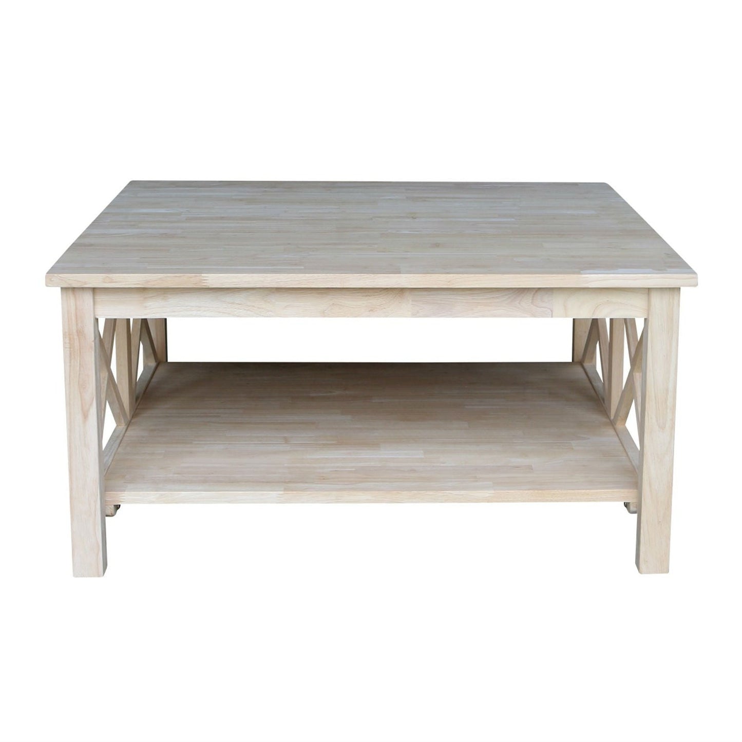 Mesa de centro cuadrada de madera maciza sin acabar con estante inferior