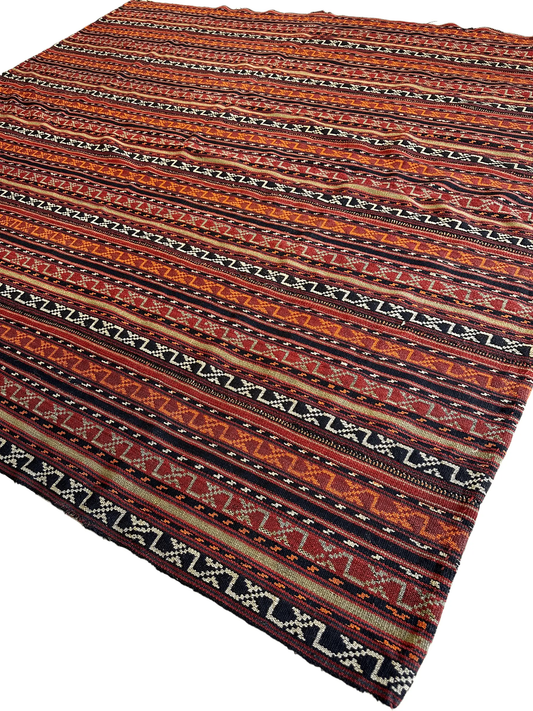 Antique Shahsavan Jajim Rug by Rugistan in red orange geometric stripes 6ft 4in x 6ft 8in on Tampa Home & Garden Store
