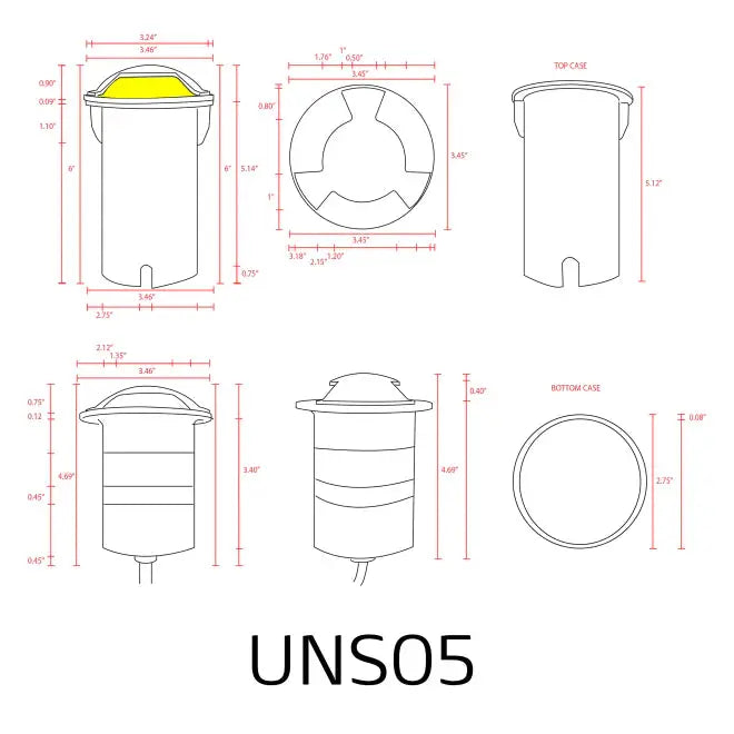 UNS05 stainless steel tri-directional LED in-ground light blueprint with side/top/bottom views on Tampa Home & Garden Store
