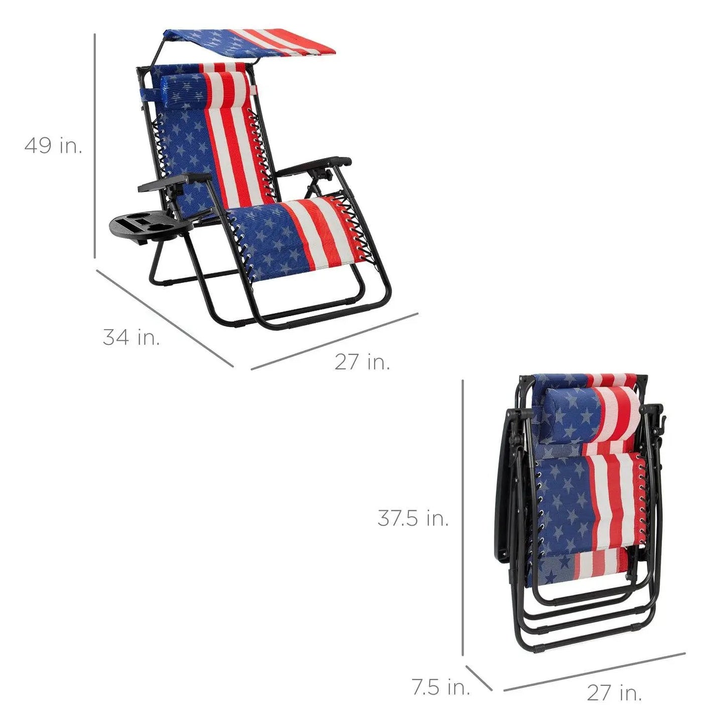American Flag Zero Gravity Lounger with Canopy in star-spangled fabric on black metal frame on Tampa Home & Garden Store