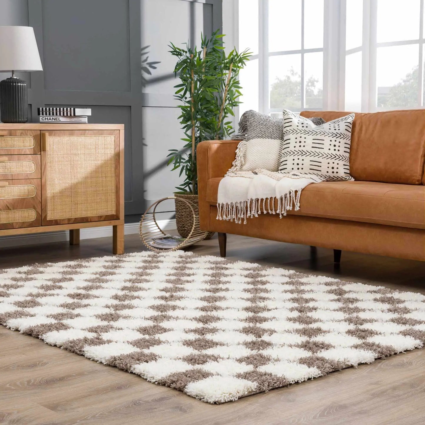 Atira Cream and Brown Checkered Area Rug by Boutique Rugs, cream brown shaggy texture on Tampa Home & Garden Store