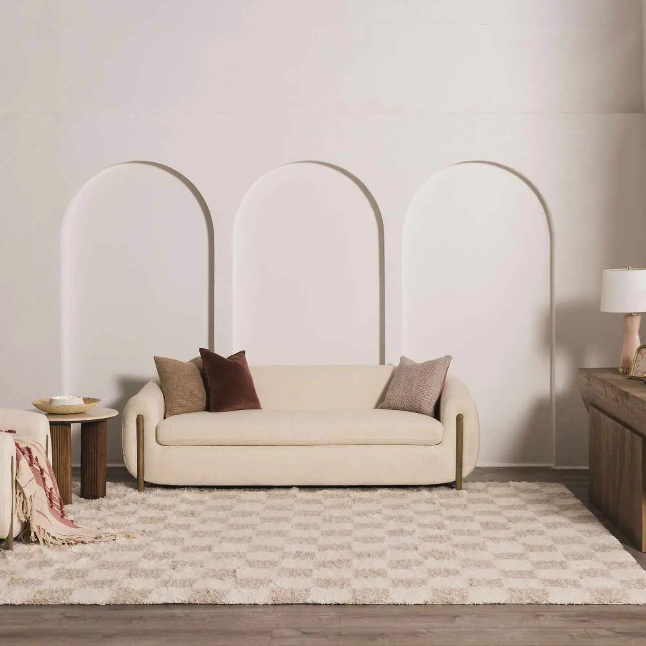 Atira light brown checkered area rug by Boutique Rugs; plush neutral living room rug on Tampa Home & Garden Store