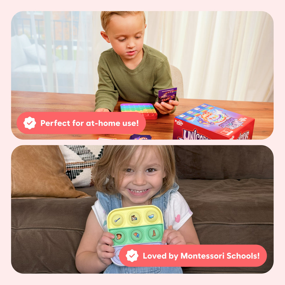 Pre-K classroom bundle by The Fidget Games; kid uses colorful counting tray and unicorns game on Tampa Home & Garden Store