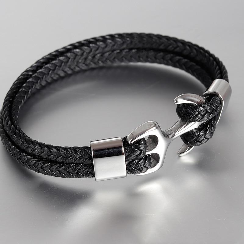 Stevvex anchor bracelet black braided leather with silver titanium steel anchor clasp on Tampa Home & Garden Store