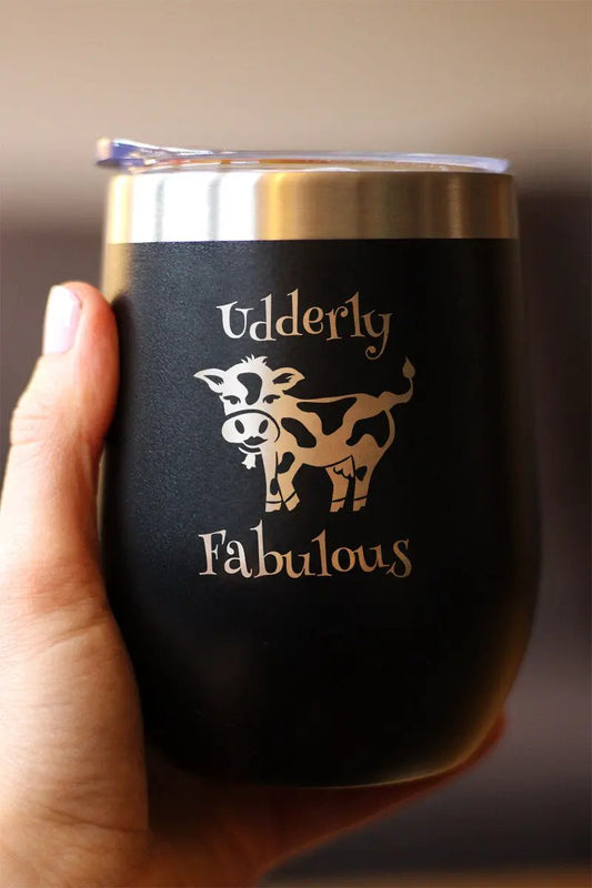 Udderly Fabulous Cow Wine Tumbler black insulated cup with sliding lid and cow graphic on Tampa Home & Garden Store
