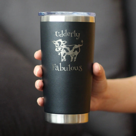 Udderly Fabulous insulated tumbler with sliding lid, black stainless steel cow graphic on Tampa Home & Garden Store