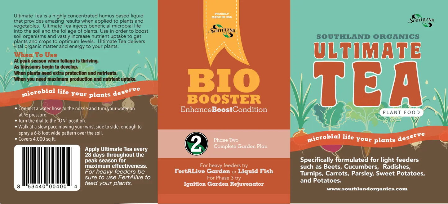 Compost Tea Fertilizer by Southland Organics with BIO BOOSTER on teal and orange packaging on Tampa Home & Garden Store