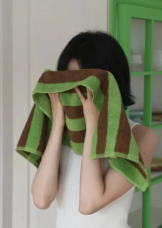 Ultra Soft Retro Stripe Bath Towel Organic Cotton in green and brown stripes on Tampa Home & Garden Store