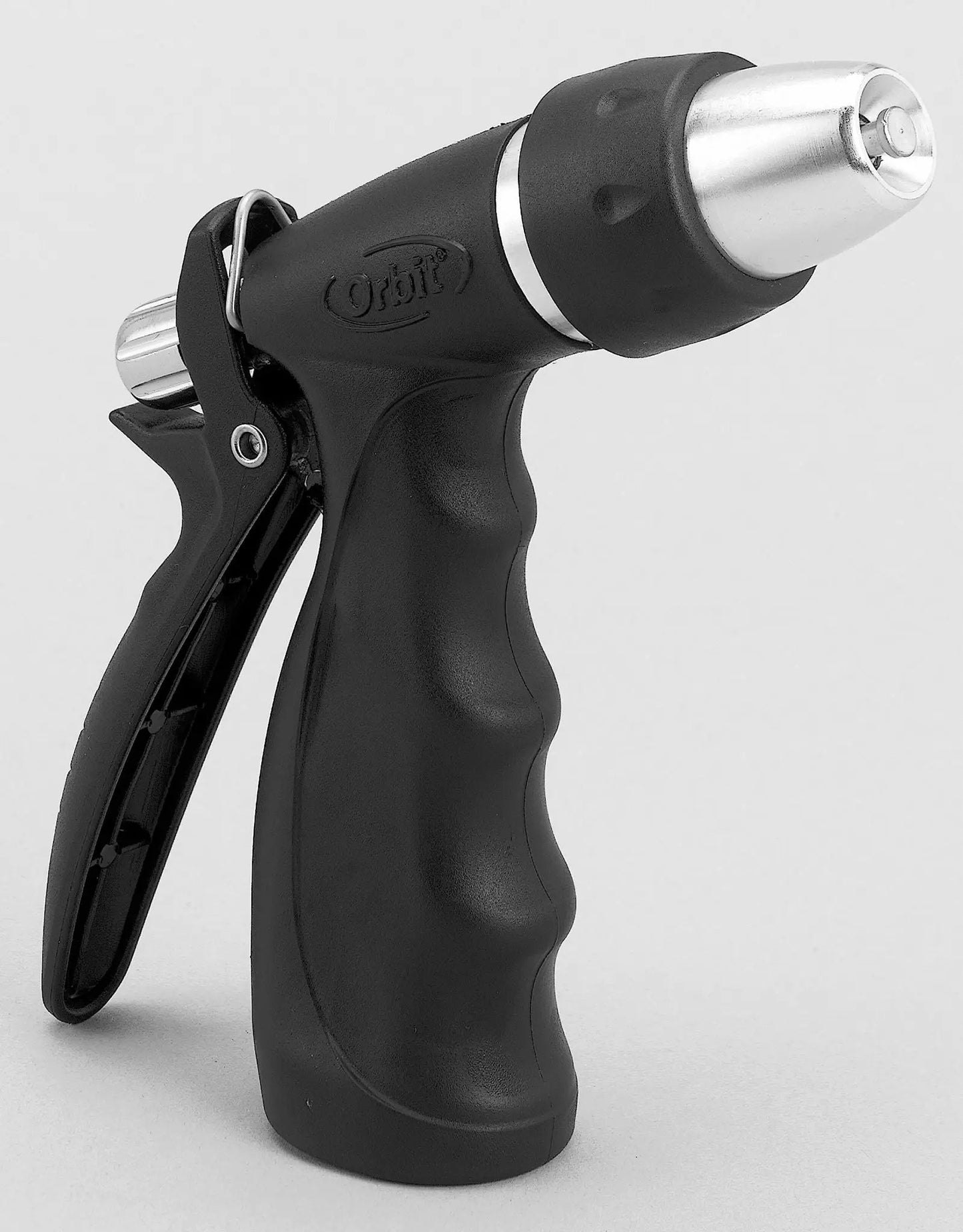 Ultralight Adjustable Rear Trigger Hose Nozzle Orbit, black handle, silver spray head on Tampa Home & Garden Store