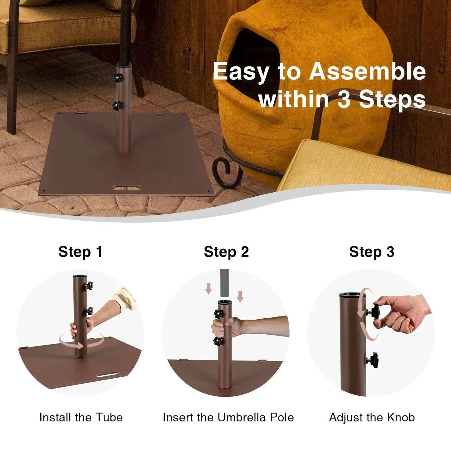 24 Inch Square Patio Umbrella Base, 50 lb brown steel with pole insert and knobs on Tampa Home & Garden Store