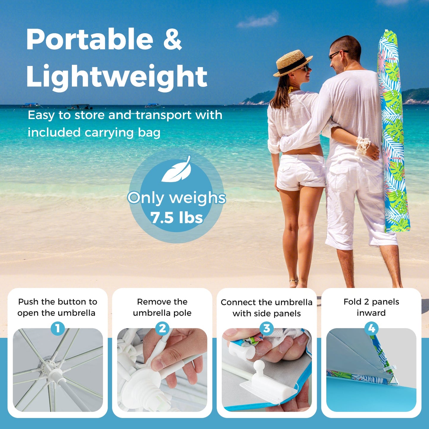 GemGear UPF50+ blue beach umbrella tent with tropical leaf pattern, portable bag on the beach on Tampa Home & Garden Store