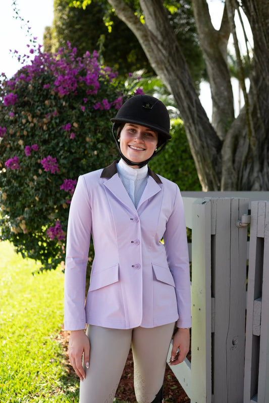 Grand Prix Ladies 3 Button Show Coat Lilac Collar lavender riding coat by Huntley Equestrian worn by rider on Tampa Home & Garden Store